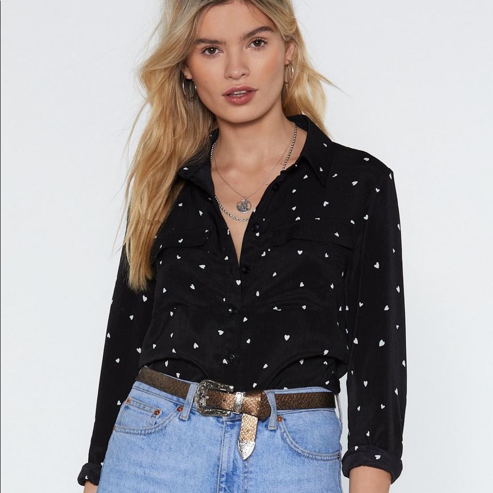 Black sheer shirt with white hearts throughout